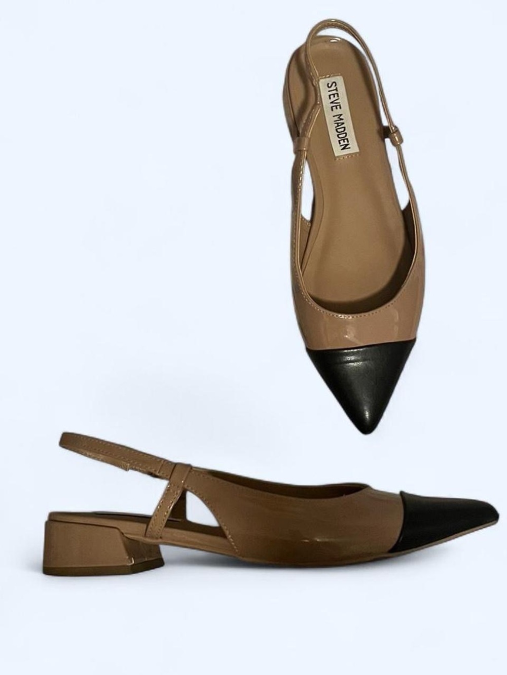 Steve Madden Two-Tone Pointed Slingback Flats in Beige and Black
